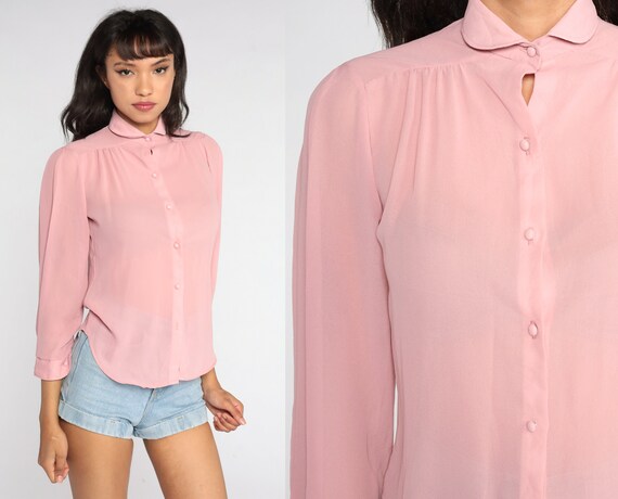 Pink Chiffon Blouse Sheer Top 80s Boho 