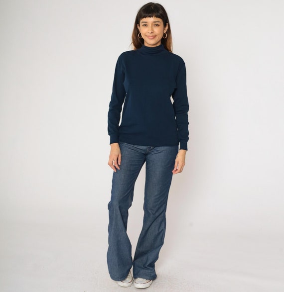 70s Mock Neck Shirt Roffe Ski Pullover Navy Blue Nylon Long Sleeve Top Basic Retro Simple Plain Vintage 1970s Men's Medium M