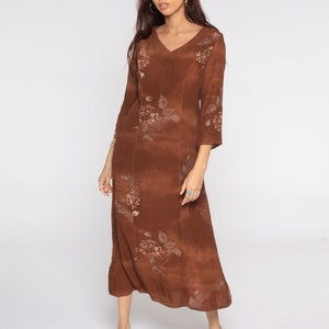 Brown Floral Dress 90s Grunge Shift Boho 1990s Bohemian Hippie Vintage Midi Rayon Long Sleeve Small S image 2