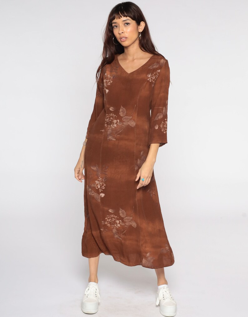 Brown Floral Dress 90s Grunge Shift Boho 1990s Bohemian Hippie Vintage Midi Rayon Long Sleeve Small S image 2