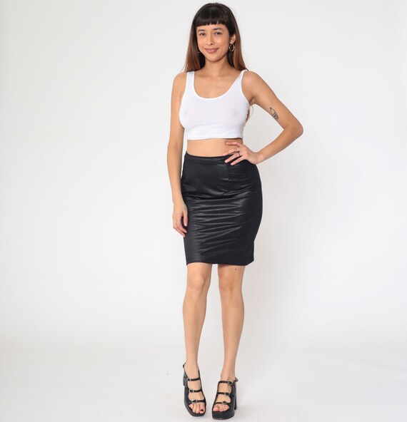Black Pleather Skirt 90s Mini Faux Leather Pencil Skirt Retro Plain High Waisted Wiggle Skirt Tight Fitted Skirt Plain Vintage 1990s Small