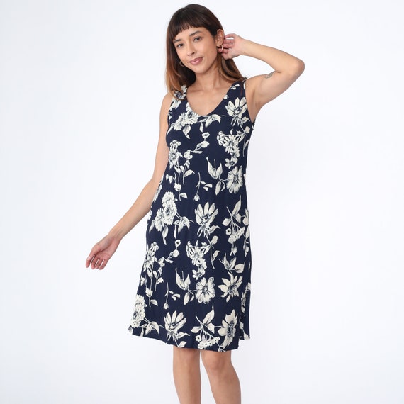 Navy Floral Dress 90s Sundress Blue Flower Print Midi Dress Summer Shift Boho 1990s Bohemian Vintage Sun Sleeveless White Casual Medium 10