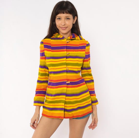 70s Striped Hooded Jacket Yellow Purple Button Front Long Sleeve Multicolor Rainbow Mini Tunic Shirt Hood Psychedelic Hippie Extra Small XS