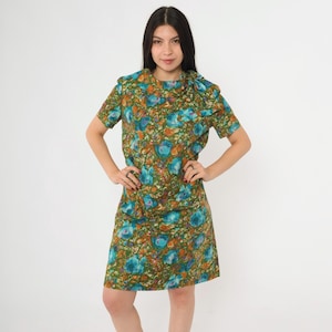 Vintage 60s Mini Dress Bow Neck Shift Green Floral Dress Watercolor Print Twiggy Dress Mod Sixties 1960s Short Sleeve Retro Medium M