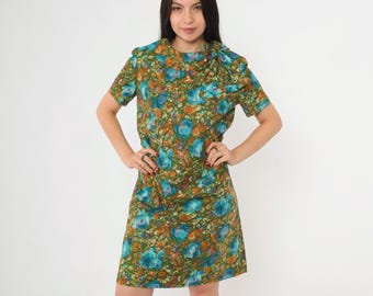 Sukienka mini z lat 60. z kokardą przy szyi, w kolorze zielonym, z kwiatowym wzorem w akwarele, z krótkim rękawem, w stylu retro, w stylu lat 60., w rozmiarze M