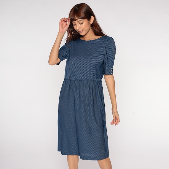 Navy Pinstripe Dress 80s Puff Sleeve Midi Nautical Stripe Tea Length Day Dress Scoop Neck Office Wear Preppy Secretary  Large L