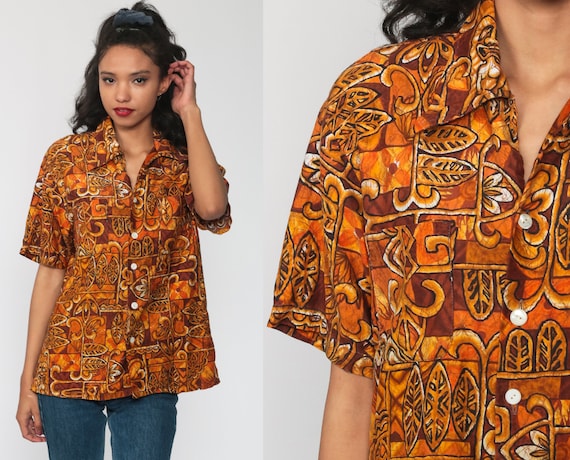 Hawaiian Tiki Shirt 70s Blouse Tropical Print Hawaiian Shirt Orange Button Up Shirt 1970s Boho Top Beach Summer Medium Large