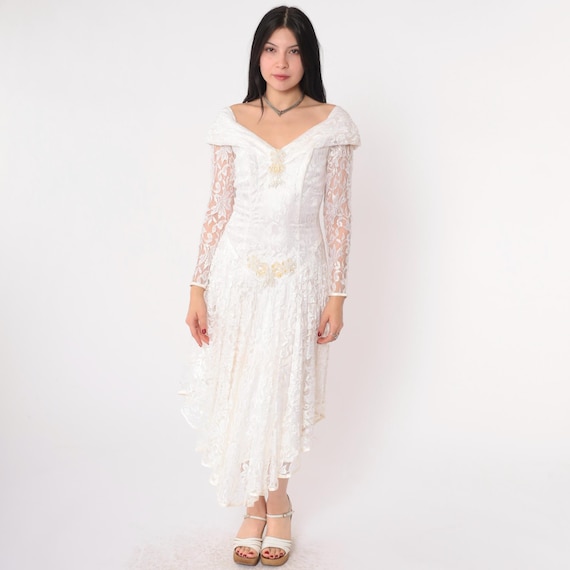 Vintage White Lace Wedding Dress 1980s Portrait Collar Beaded Sequin Hanky Hem Bridal Gown Basque Waist Sheer Sleeve 1980s Extra Small xs