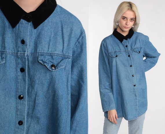Blue Denim Shirt 90s Velvet Collar 