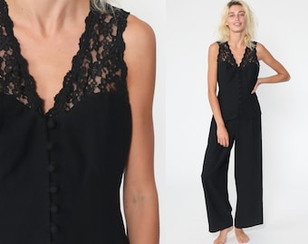 90s Black Jumpsuit LACE CUTOUT Pants Straight Leg Boho Goth 80s Cut Out Vintage Pantsuit Gothic Bohemian Sleeveless Medium