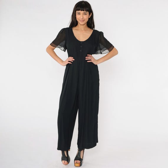 Vintage Black Wide Leg Jumpsuit 90s Chiffon Flutter Sleeve Jumpsuit Scoop Neck Pleated Party Pantsuit Palazzo Romper Pants 1990s Medium M