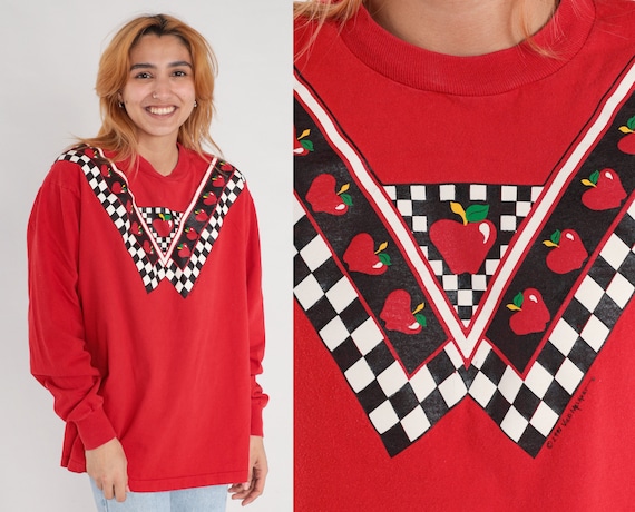 90s Apple Shirt Checkered Fruit Print Tshirt Red Long sleeve Single Stitch T shirt Retro Tee Vintage Graphic Tee 1990s Extra Large xl 2xl