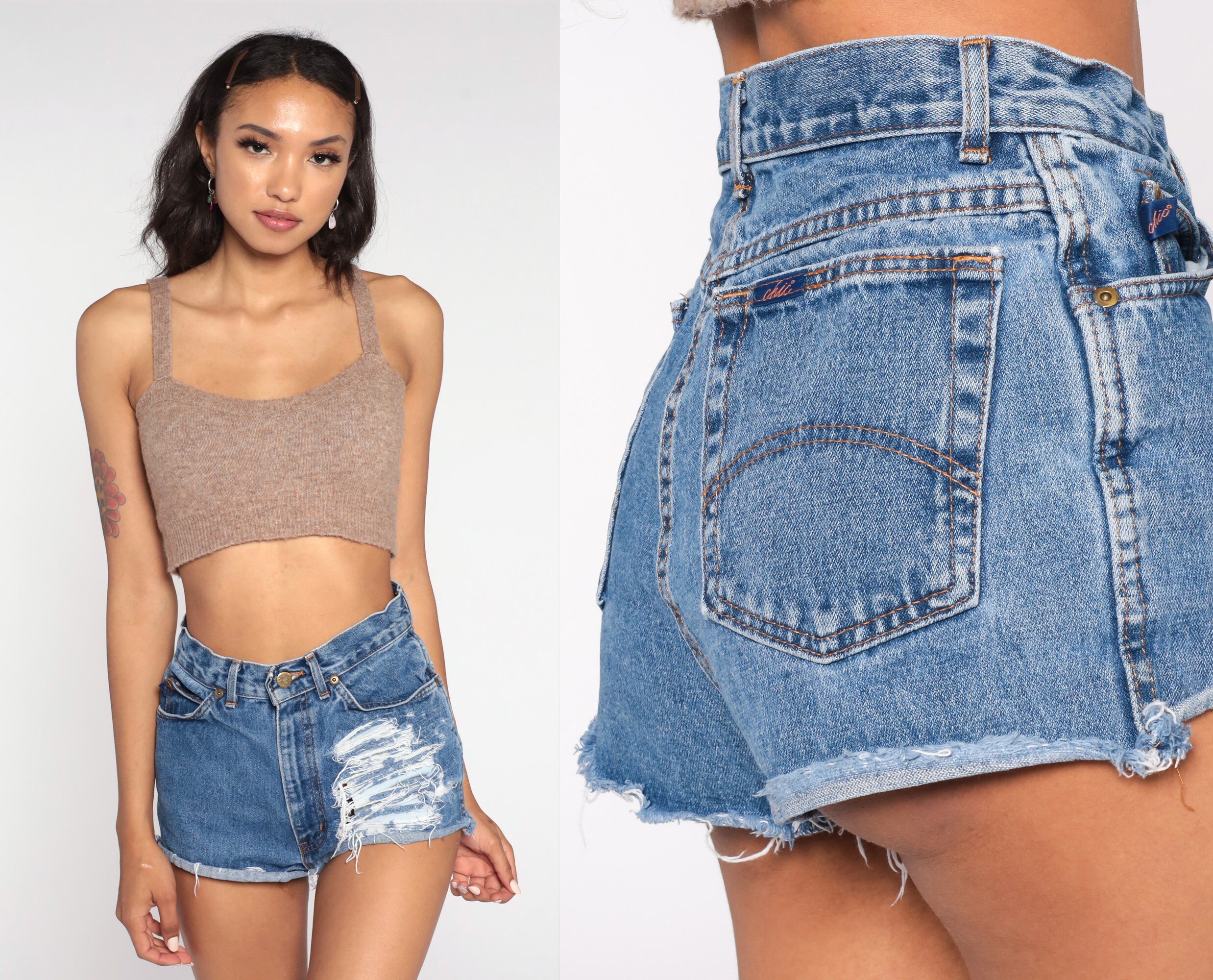 Ripped Denim Shorts 26 -- High Waisted Cutoffs Cut Offs High