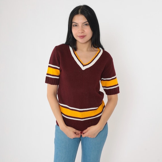Vintage 70s Maroon Varsity Sweater Striped Gold Letterman Cheer Short Sleeve Ringer V Neck Pullover Preppy Collegiate 1970s Retro Small 34