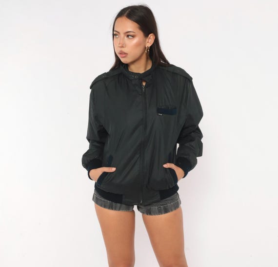 80s Black Bomber Jacket Harrington Cotton Epaulette Stand Collar Waist Pockets Boxy Moto Coat Goth Rocker Unisex Windbreaker Vintage Small S