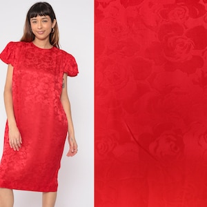 Bloemen zijden jurk jaren &#39;80 Rode reliëf Midi-jurk Flutter Puff Sleeve Bloemenprint Shift Flowy Party Dress Vintage jaren 1980 Medium 10