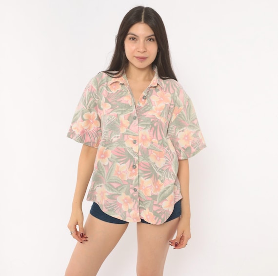 90s Hawaiian Shirt Pink Coral Floral Tropical Short Sleeve Camp Collar Cotton Blouse Olive Leaf Palm Rose Summer Vacation Beach Top Large L