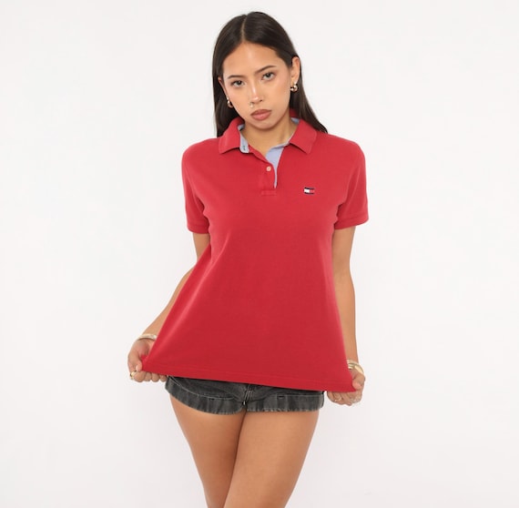 Red Tommy Hilfiger Polo Cotton Pique Collar Shirt 2000s Preppy Collegiate Flag Logo Crimson Top Cherry Sporty Tennis Classic Blouse Medium M