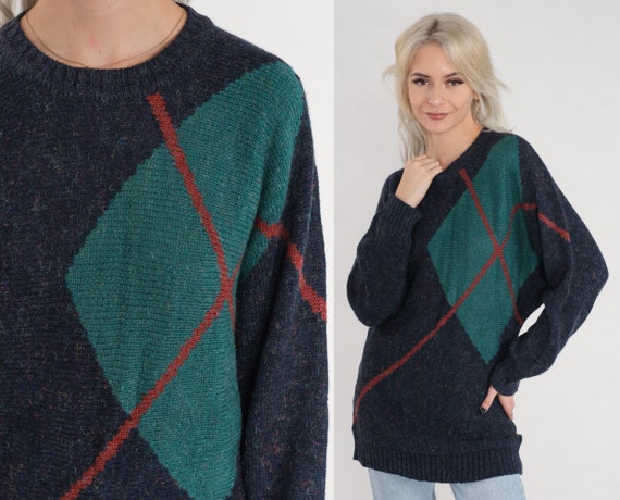 80s Sweater Navy Blue Flecked Knit Pullover Sweater Argyle Diamond Print Crewneck Jumper Preppy Acrylic Wool Blend Vintage 1980s Small S