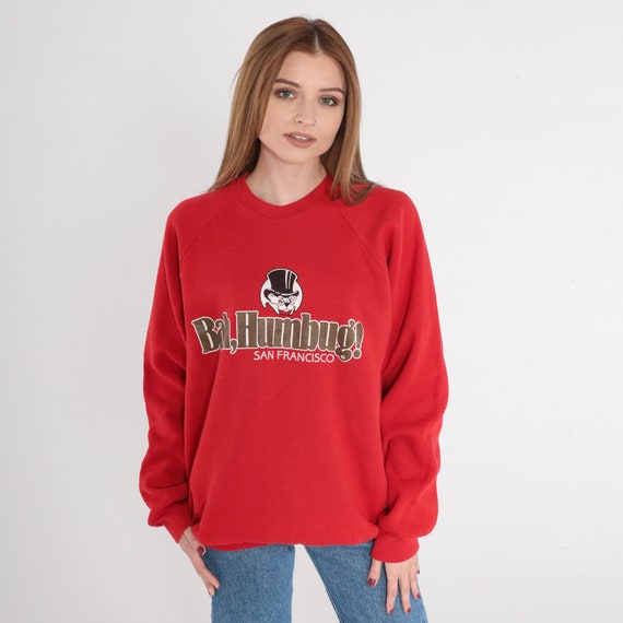 San Francisco Sweatshirt 90s Bah Humbug! Sweatshirt Christmas Bear Graphic Shirt Pullover Crewneck Raglan Sleeve Red Vintage 1990s Large