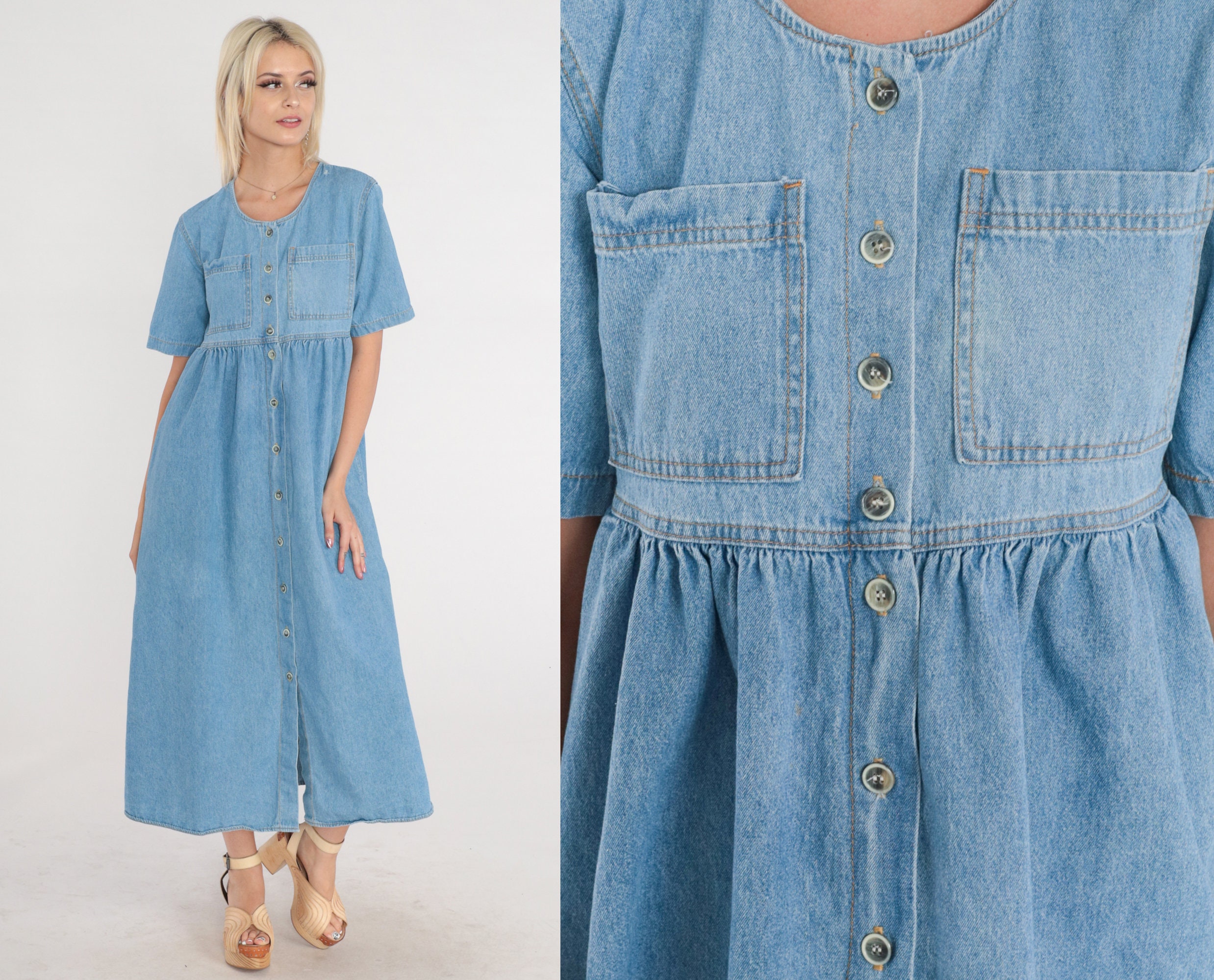 90s Denim Dress Empire Waist Blue Jean Shirtdress Midi Button Up Dress ...