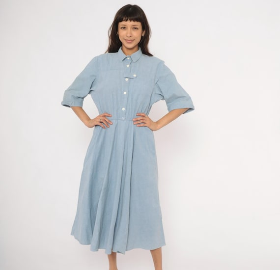 80s Chambray Shirt Dress Powder Blue Cotton Collar Elastic Waist Flared Skirt Pockets Half Sleeve Prairie Cottagecore Vintage Frock Large L