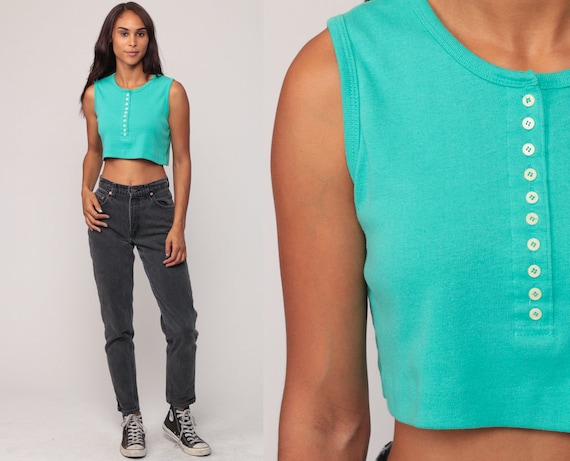 Turquoise Tank Top 80s Crop Top Green Cropped Shirt Cotton 1970s Button Up Hipster Sleeveless Summer Top Bright Small