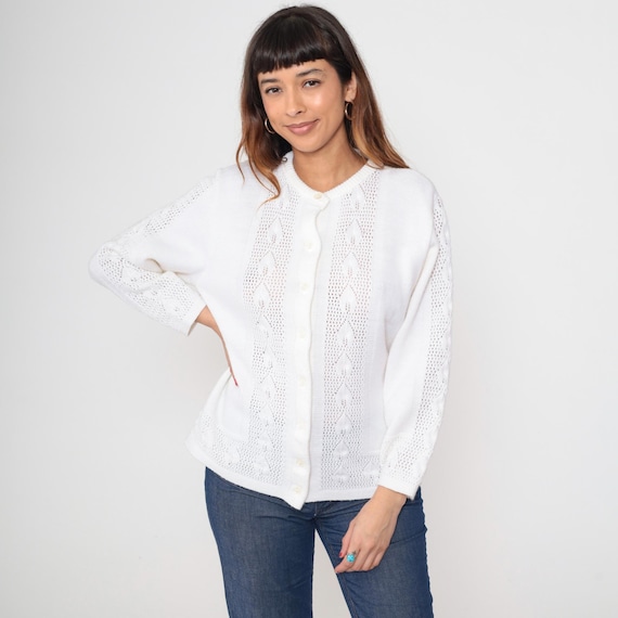 Pointelle Cardigan 70s Vintage White Open Knit Button Front 3/4 Sleeve Chevron Spring Summer Lightweight Boho Preppy Plus Size 22W