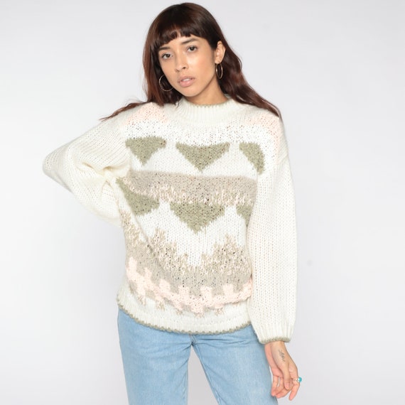 80s Geometric Sweater Sheer White Mock Neck Knit … - image 2