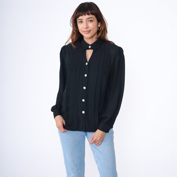 Black Keyhole Blouse 90s Pearl Button Up Top Puff… - image 2