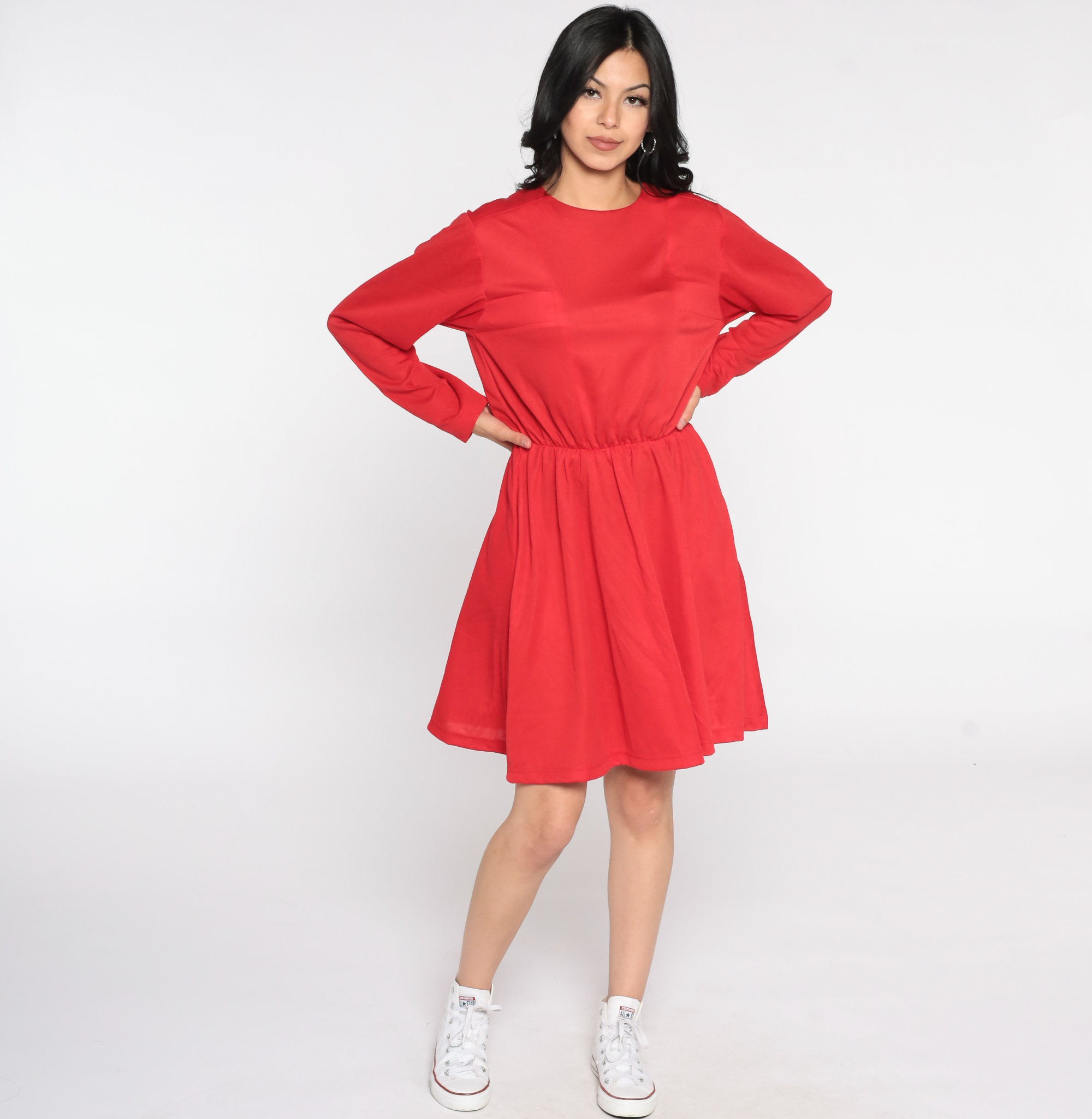 70s Mini Dress Plain Red Long Sleeve 80s High Waist Dress Plain Simple Day Dress Casual Dress Secretary Vintage Boho Medium