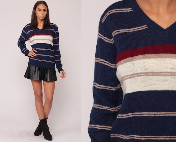 80s Sweater Striped Sweater V Neck Grandpa Knit Slouchy Pullover Jumper 1980s Vintage Retro Navy Blue Red White Medium