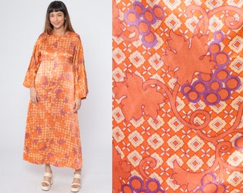 70er Jahre Maxi Kleid mit Glockenärmeln Orange Psychedelic Blatt Print Kleid Boho Grafik Druck Langarm Hippie 1970er Jahre Vintage Boho Retro Medium