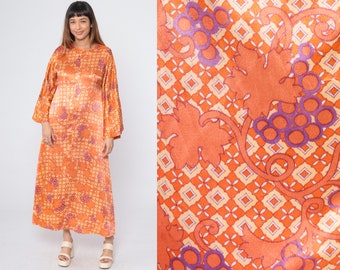 70s Maxi Bell Sleeve Dress Orange Psychedelic Leaf Print Dress Boho Graphic Print Long Sleeve Hippie 1970s Vintage Bohemian Retro Medium