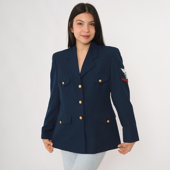 80s Navy Blazer Vintage Military Style Jacket Coast Guard Inspired Gold Button Shoulder Patch Tailored Wool Blend Uniform Size 10 Medium M