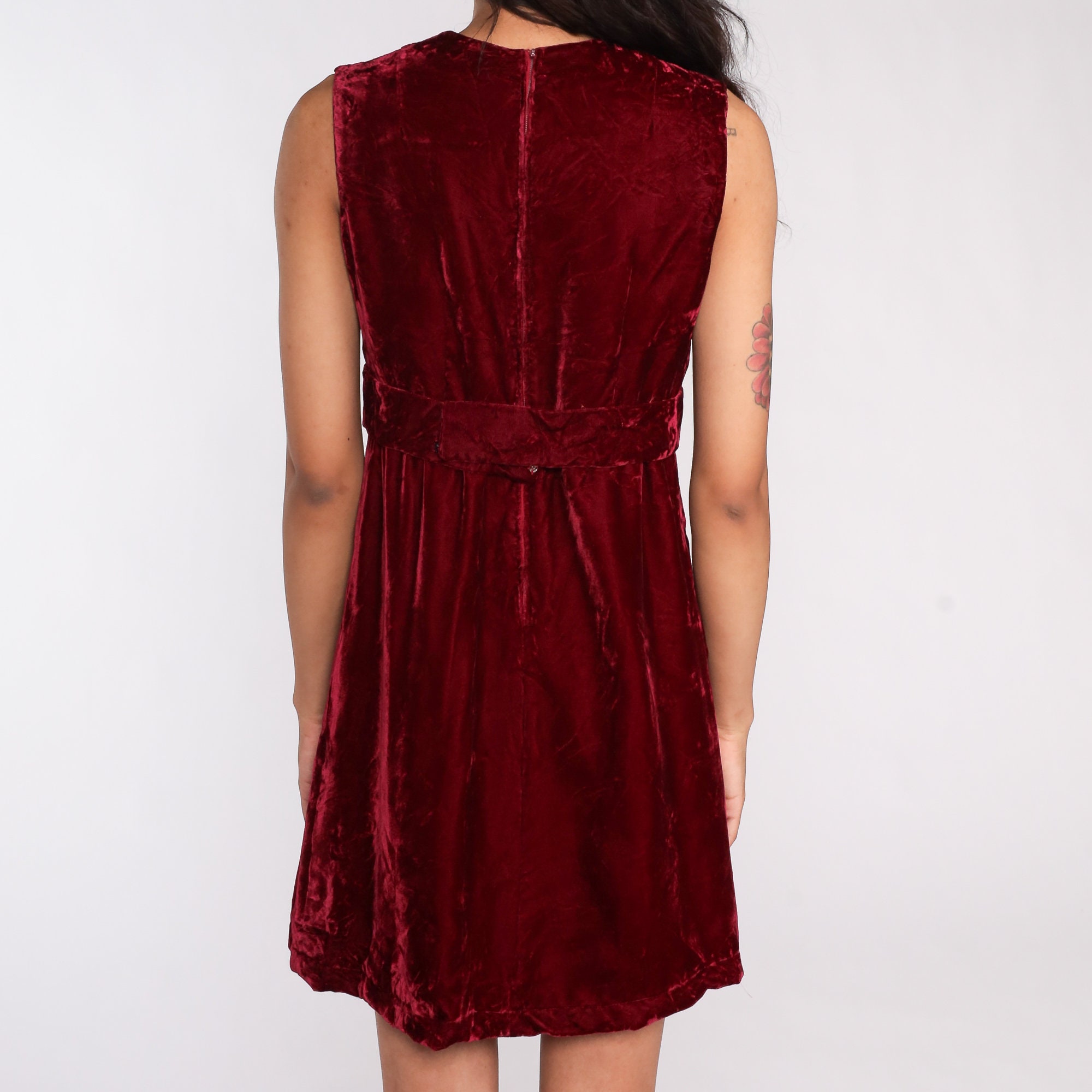 60s Velvet Dress Dark Red Babydoll Mod Mini Party Cocktail Rhinestone
