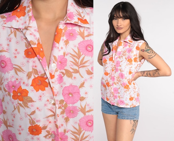 70s Floral Blouse White 70s Top Button 