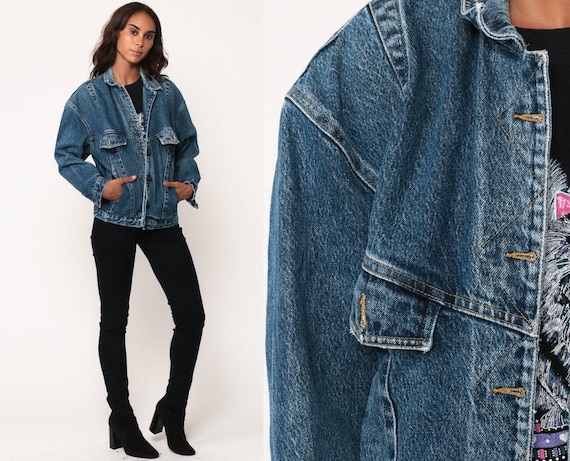 90s Jean Jacket Denim Jacket Trucker Jeans Blue 80s Vintage Biker Grunge Hipster Coat Oversized medium