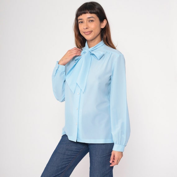 70s Ascot Shirt Baby Blue Secretary Blouse Long Sleeve Top Bow Neck Top Button Up Vintage 1970s Long Sleeve Shirt Large L