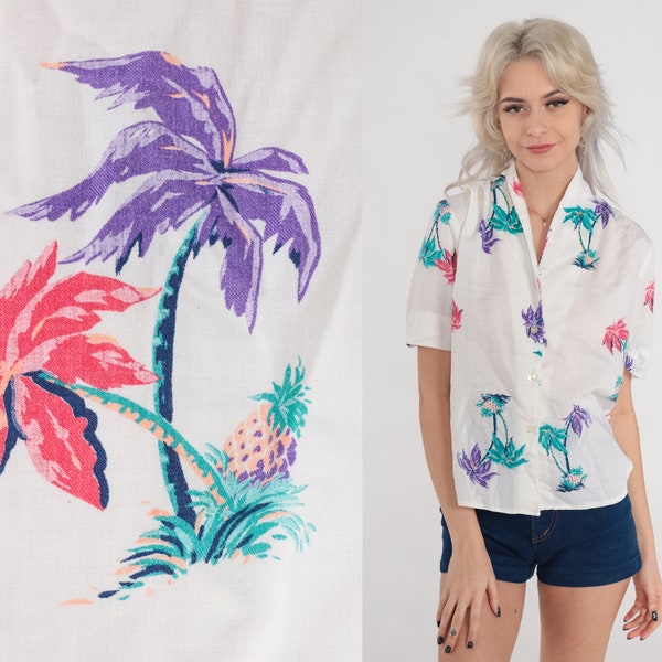 Tropical Shirt 80s White Hawaiian Blouse Palm Tree Print Pineapple Button Up Surfer Vacation Short Sleeve Top Vintage 1980s Rayon Medium