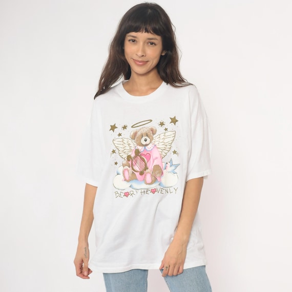 Teddy Bear Tee 90s Angel Graphic White "Beary Heavenly" Celestial Stars Harp Pink Wings Fairycore Plus Size Vintage Extra Extra Large XXL