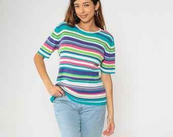 90s Striped Knit Top L Ribbed T Shirt Short Sleeve Shirt Bright Hot Pink Purple Blue Retro Tee Vintage Normcore Stretchy Round Neck Large