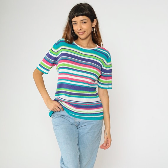 90s Striped Knit Top L Ribbed T Shirt Short Sleeve Shirt Bright Hot Pink Purple Blue Retro Tee Vintage Normcore Stretchy Round Neck Large
