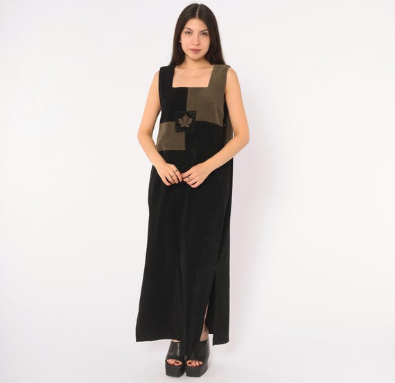 80s Black Olive Color Block Dress Sleeveless Patchwork Leaf Applique Jaclyn Smith Goth Minimalist Fall Autumn Grunge Vintage Extra Large XL