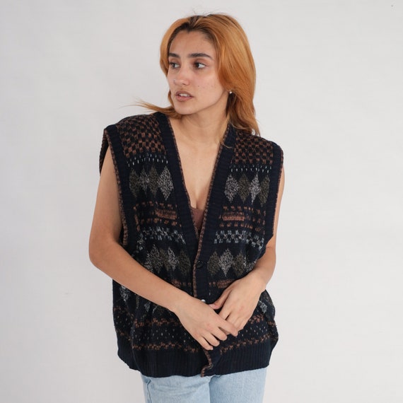 Argyle Sweater Vest Top 90s Black Knit Checkered … - image 2