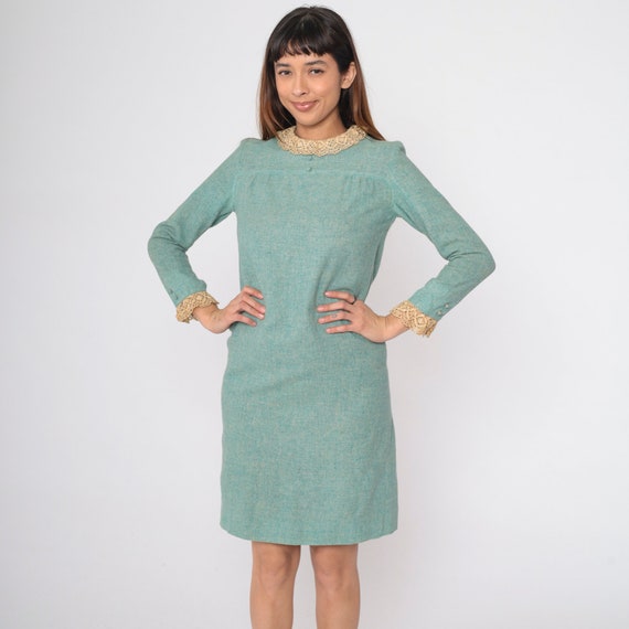 60s Mod Dress Seafoam Mini Dress Cream Lace Collar Dress Twiggy Shift Cocktail Party Blue-Green 1960s Vintage Sixties Long Sleeve Small 4