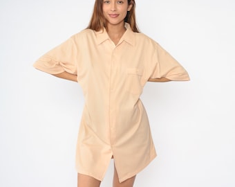 Camisa Peach de los años 70, camisa con cuello abotonado para hombre, camisa retro de manga corta Oxford lisa, camisa disco vintage de los años 70, extra grande, xl, alta, larga