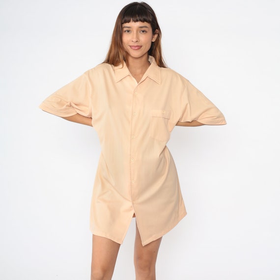 Peach 70s Shirt Men's Button Up Collared Shirt Retro Short Sleeve Oxford Plain Disco Shirt Vintage 1970s Extra Large xl Tall Long