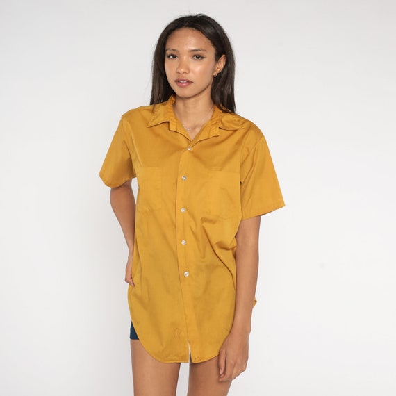 Mustard Button Up Shirt 70s Oxford Collar Hippie Boho 1970s Yellow Disco Top Vintage Collared Plain Short Sleeve Medium Large