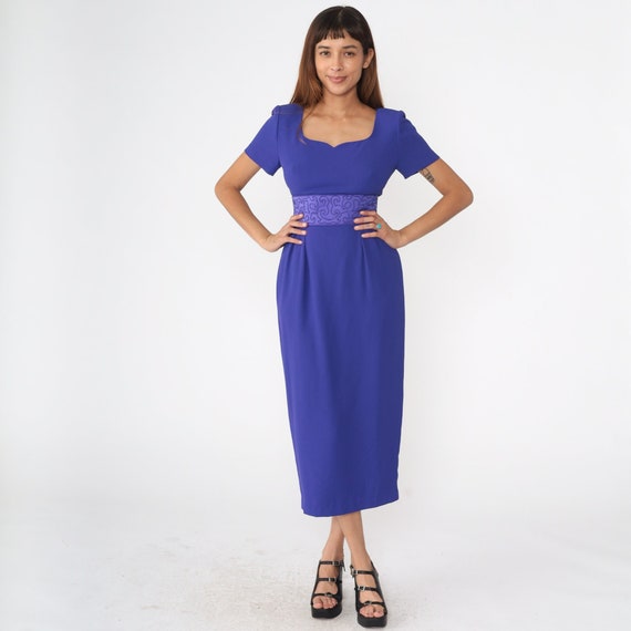 Purple Sheath Dress Soutache Midi Dress 90s Pleated Pencil Formal Party Cocktail Vintage 1990s Short Sleeve High Waisted Dress Small 4